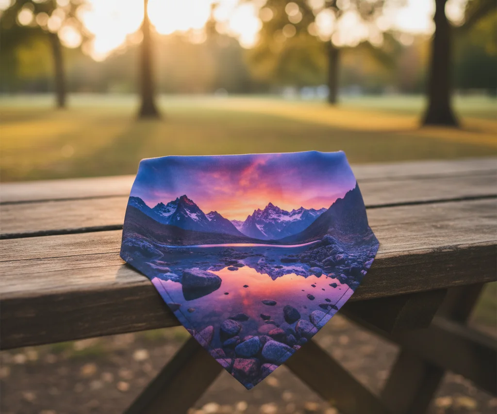 Vibrant full-color bandana showing complex patterns and gradients.