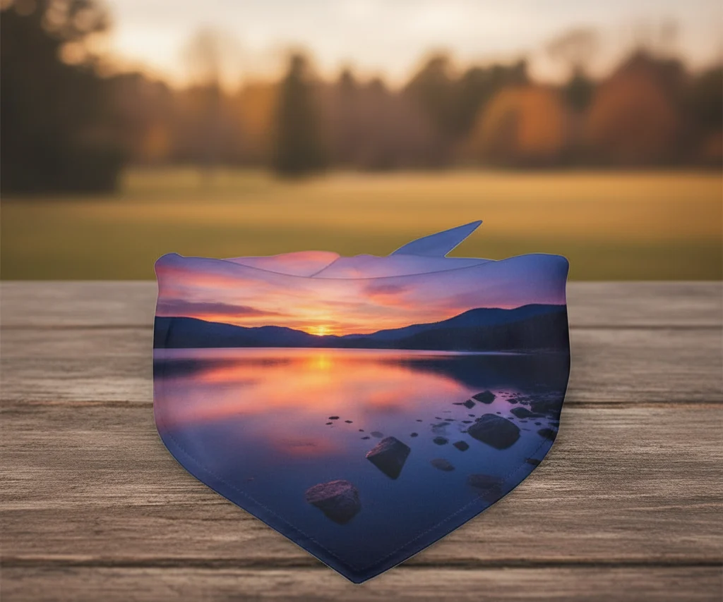 A pet bandana with a stunning, full-color photographic image printed from edge to edge, showcasing the vibrancy of dye-sublimation.