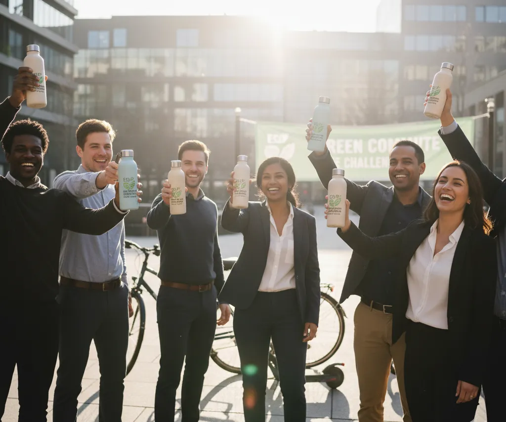 A group of employees celebrating a 'Green Commute' challenge, holding up their matching eco-friendly reusable water bottles.