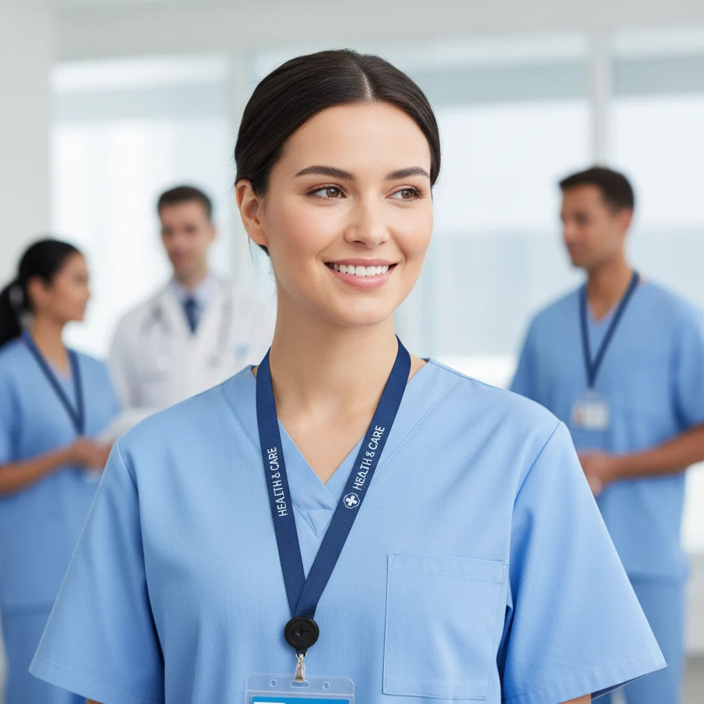 A nurse in a hospital environment wearing a custom lanyard with a clearly visible breakaway clasp at the neck.