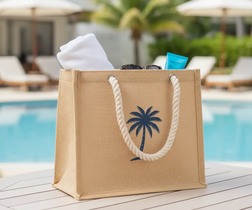 An elegant jute beach bag with a subtle, one-color hotel logo and comfortable rope handles.
