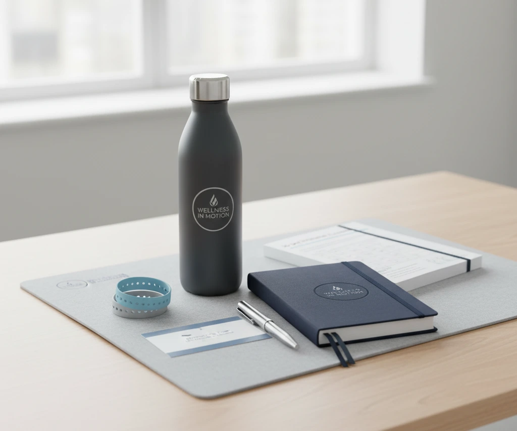 A curated new hire welcome kit featuring a custom-branded stainless steel bottle and a journal, designed for a corporate hydration challenge.