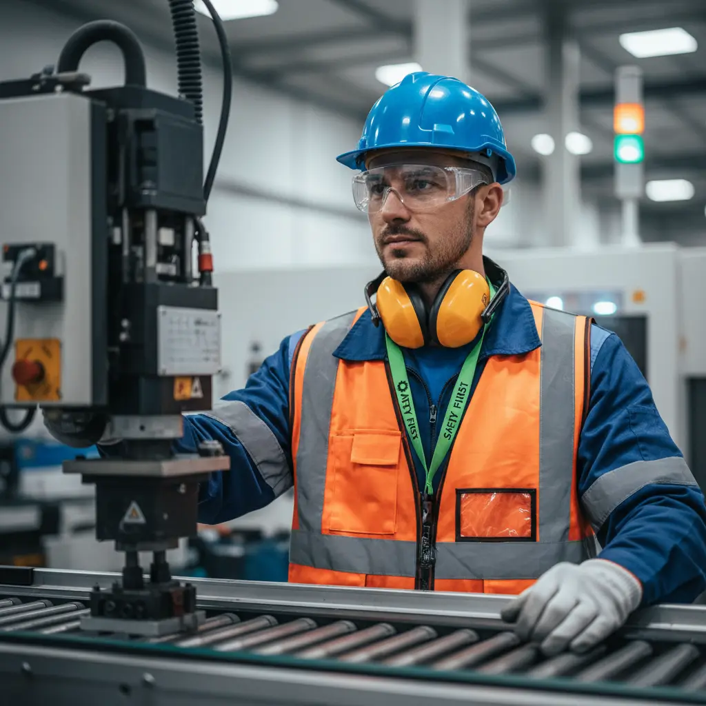 A factory worker operating machinery while safely wearing a high-visibility breakaway lanyard.