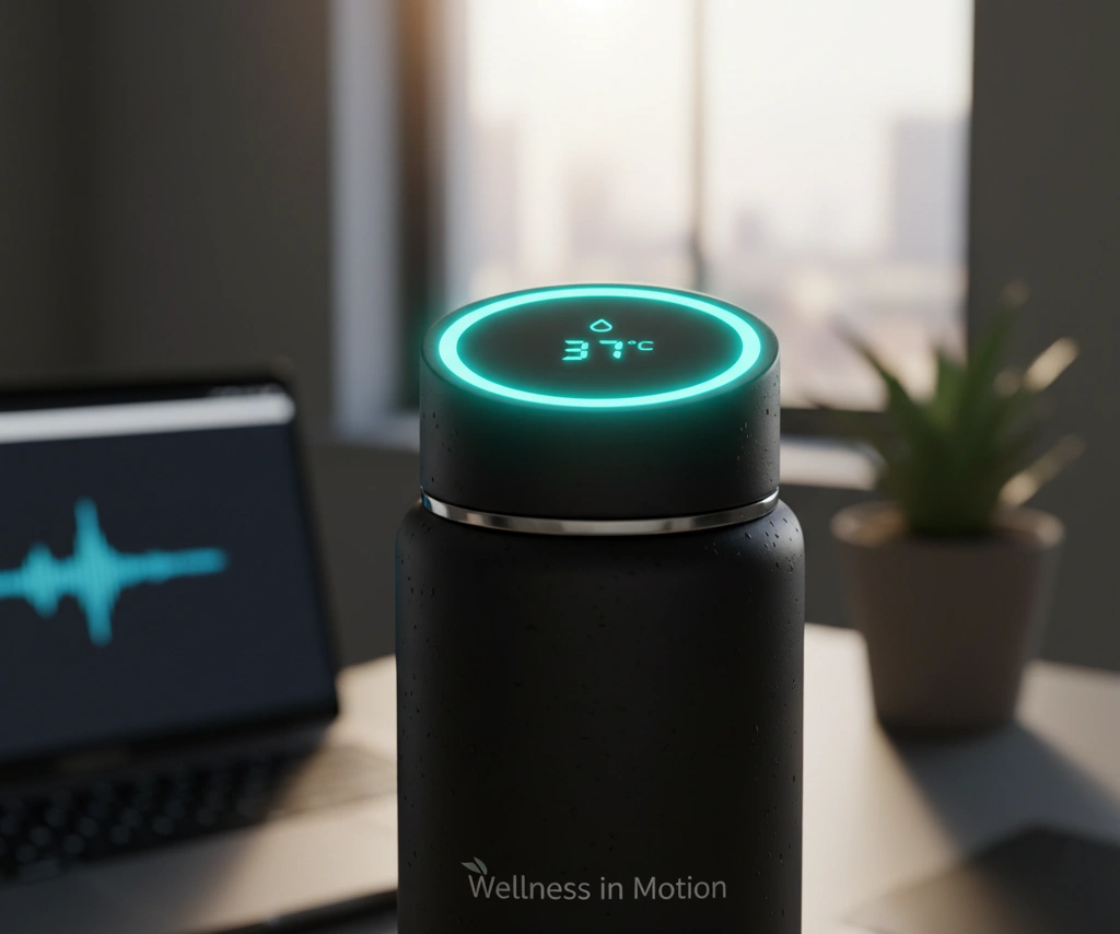 A smart water bottle with its lid glowing, indicating a hydration reminder or tech feature in action.