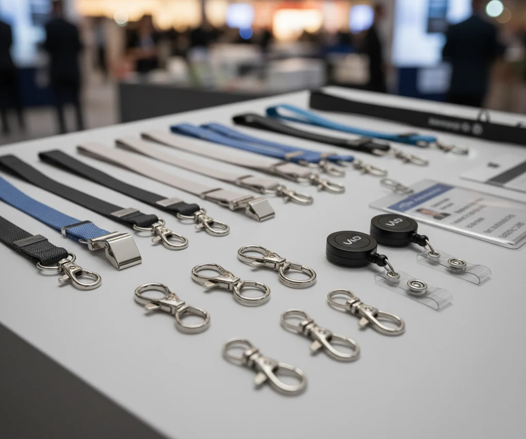 A showcase of different lanyard attachments like bulldog clips and lobster claws, alongside badge holders.