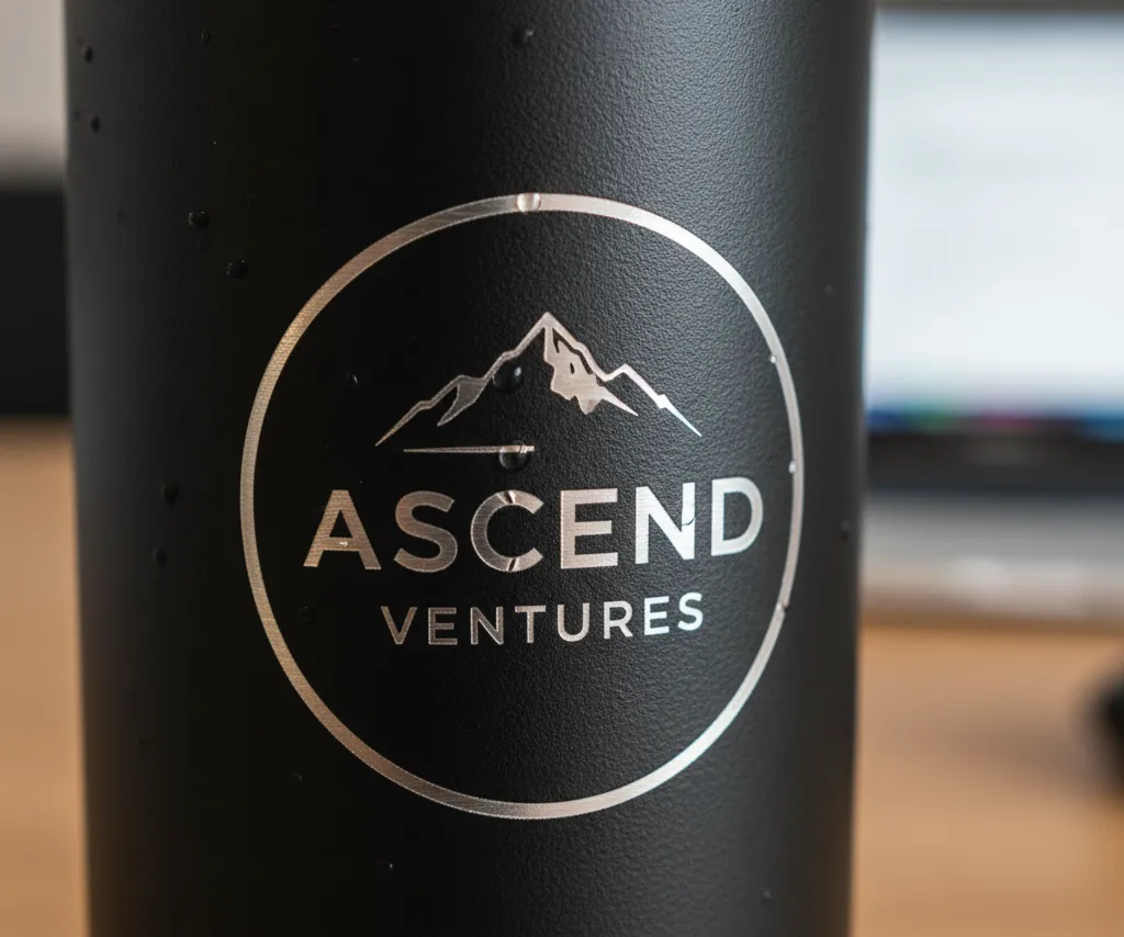 A detailed macro shot of a laser-engraved logo on a stainless steel bottle, showing the clean lines and permanent etch.