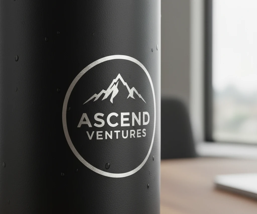 A detailed shot of a clean, precise laser-engraved logo on the powder-coated finish of a stainless steel bottle.