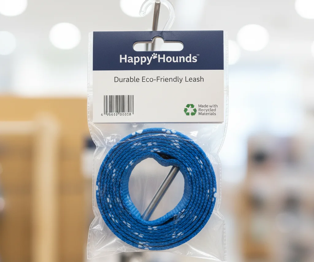 A custom pet leash neatly packaged with a professionally designed cardboard header card, ready for a retail display hook.