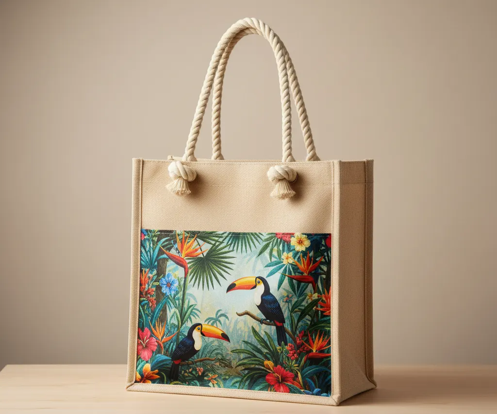A sophisticated Juco tote bag with thick cotton rope handles and a vibrant, full-color printed design on a front pocket.