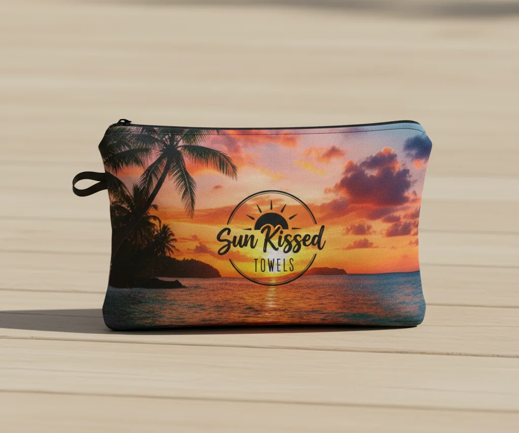 A microfiber towel shown folded neatly in its custom branded carrying pouch, with its elastic hanging loop visible.