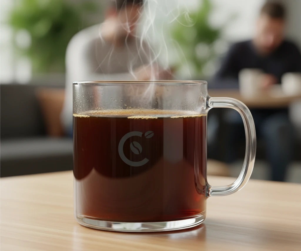 An elegant, clear glass mug with a subtle, one-color printed logo, showing coffee inside.