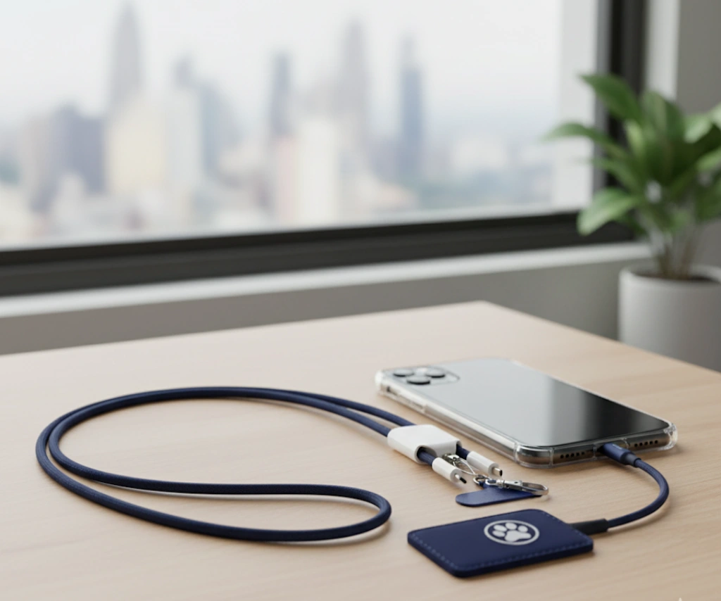 A smart lanyard with an integrated USB cable, combining tech utility with chip functionality.