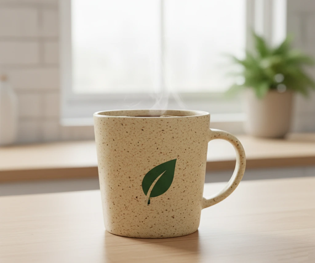 A coffee mug made from wheat straw composite, showing its unique, speckled, natural texture.