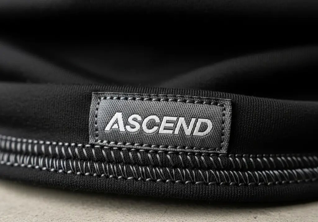 A close-up view of a custom woven brand label professionally stitched onto the hem of a neck gaiter.