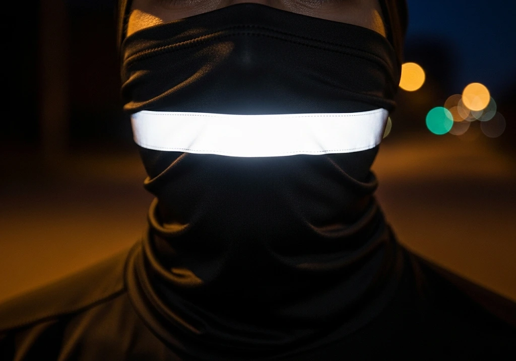 A neck gaiter shown in a low-light setting with a bright, reflective strip enhancing visibility.