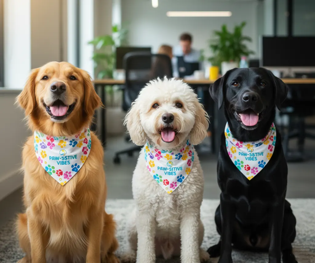 A group of happy dogs of various breeds in an office setting, all wearing matching, brightly colored custom bandanas.