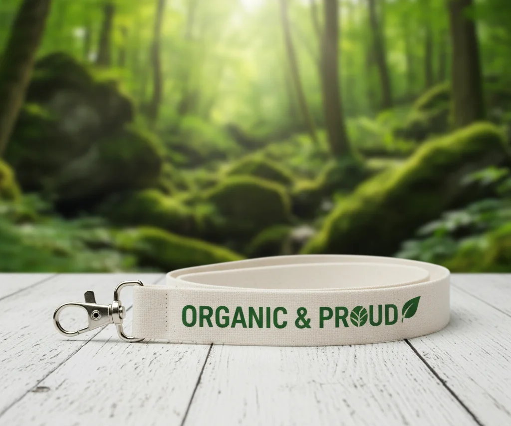 A soft, comfortable organic cotton lanyard with a clean, one-color screen printed logo.