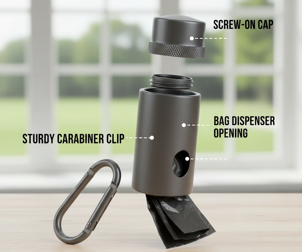Exploded view showing screw-on cap and sturdy metal carabiner.