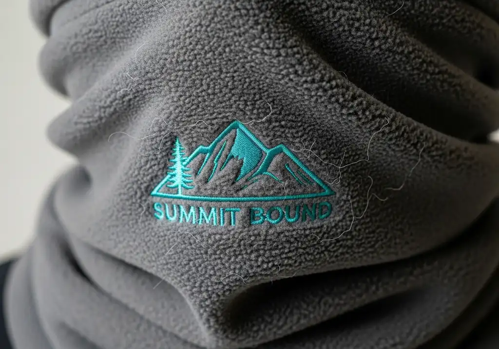 Close up of a detailed embroidered logo on a black fleece gaiter.