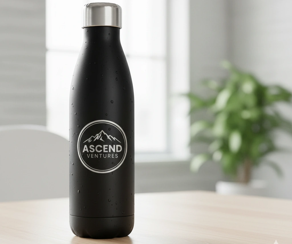 A premium, laser-engraved stainless steel water bottle showcasing its durable and sleek finish.