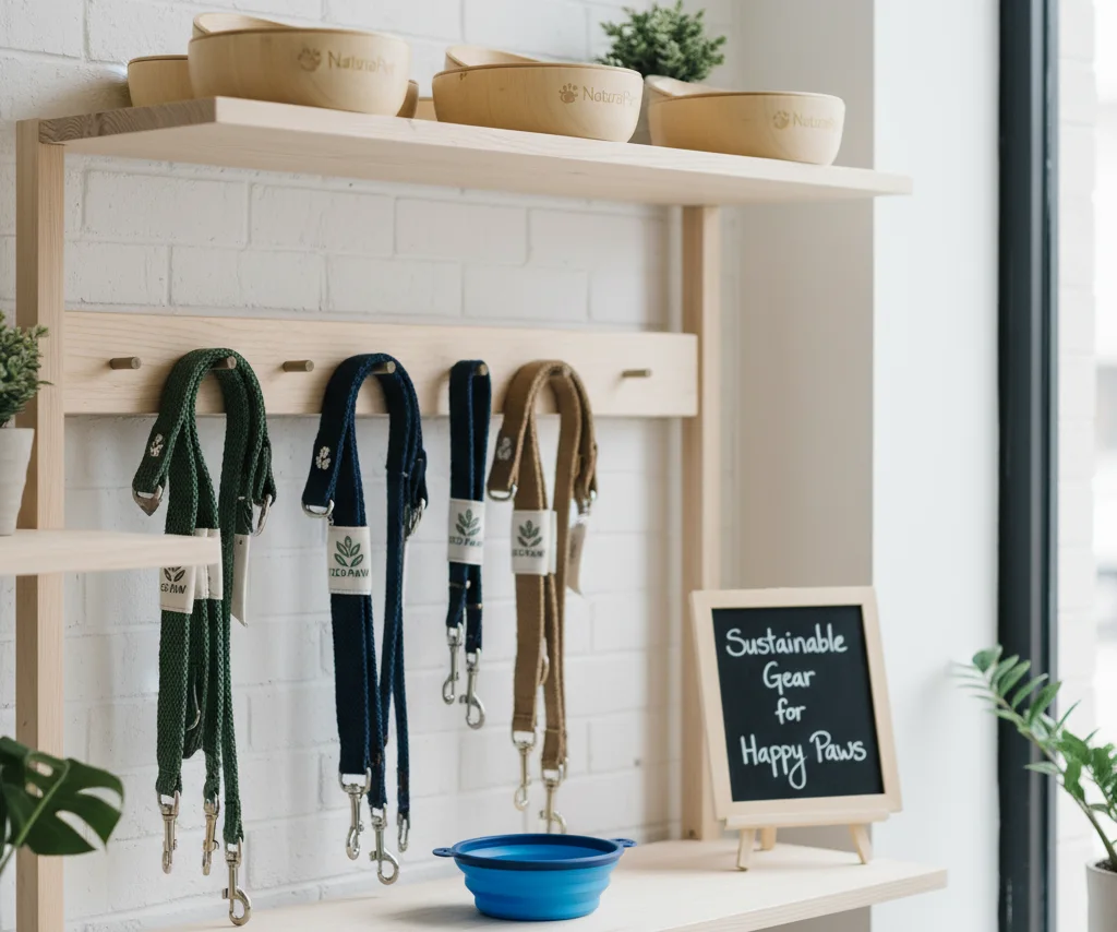 A clean, modern retail display showcasing a collection of eco-friendly pet products, including rPET leashes and bamboo bowls.