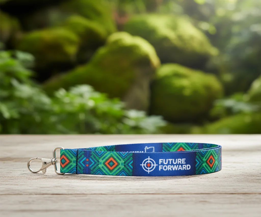 A durable, smooth rPET lanyard with a full-color print, showing its high-quality finish.