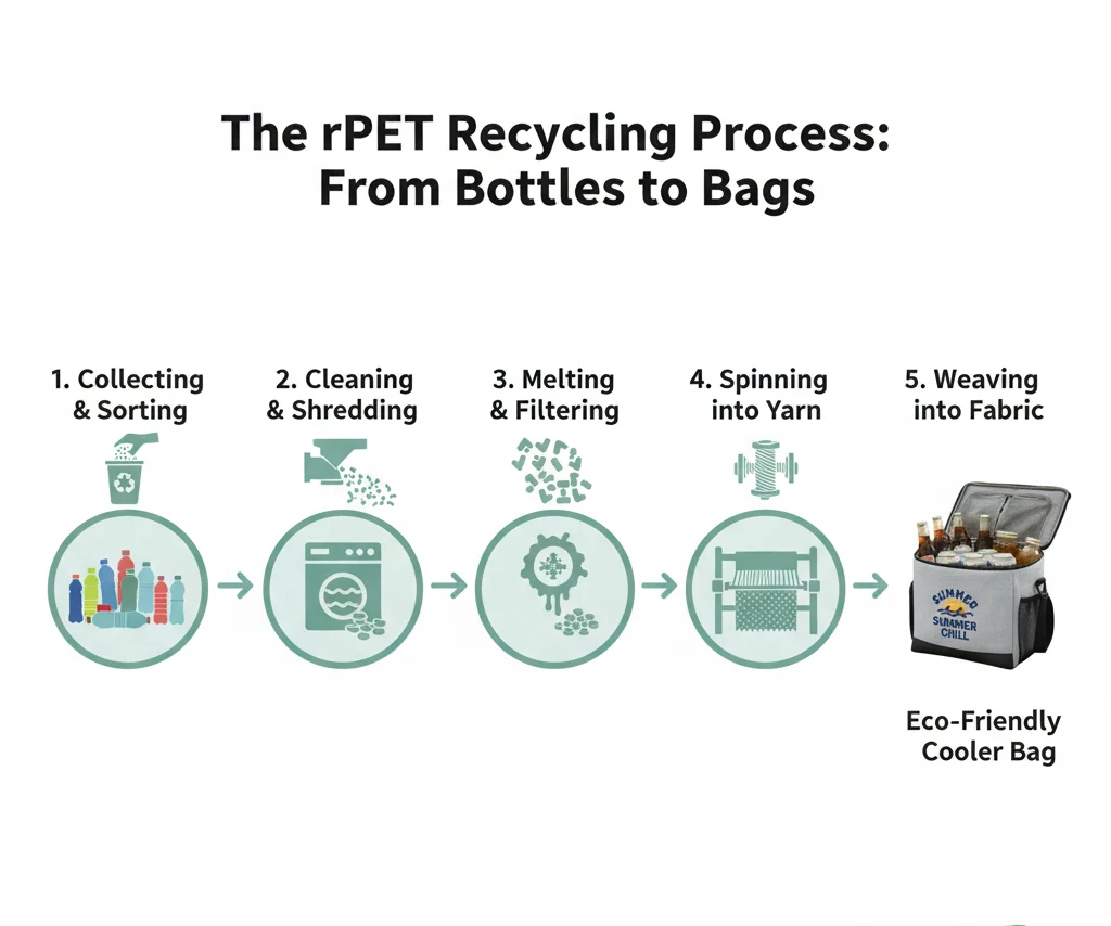 An infographic visually explaining the rPET recycling process: from collecting plastic bottles, to cleaning and shredding, to melting into pellets, spinning into yarn, and finally weaving into fabric for a cooler bag.