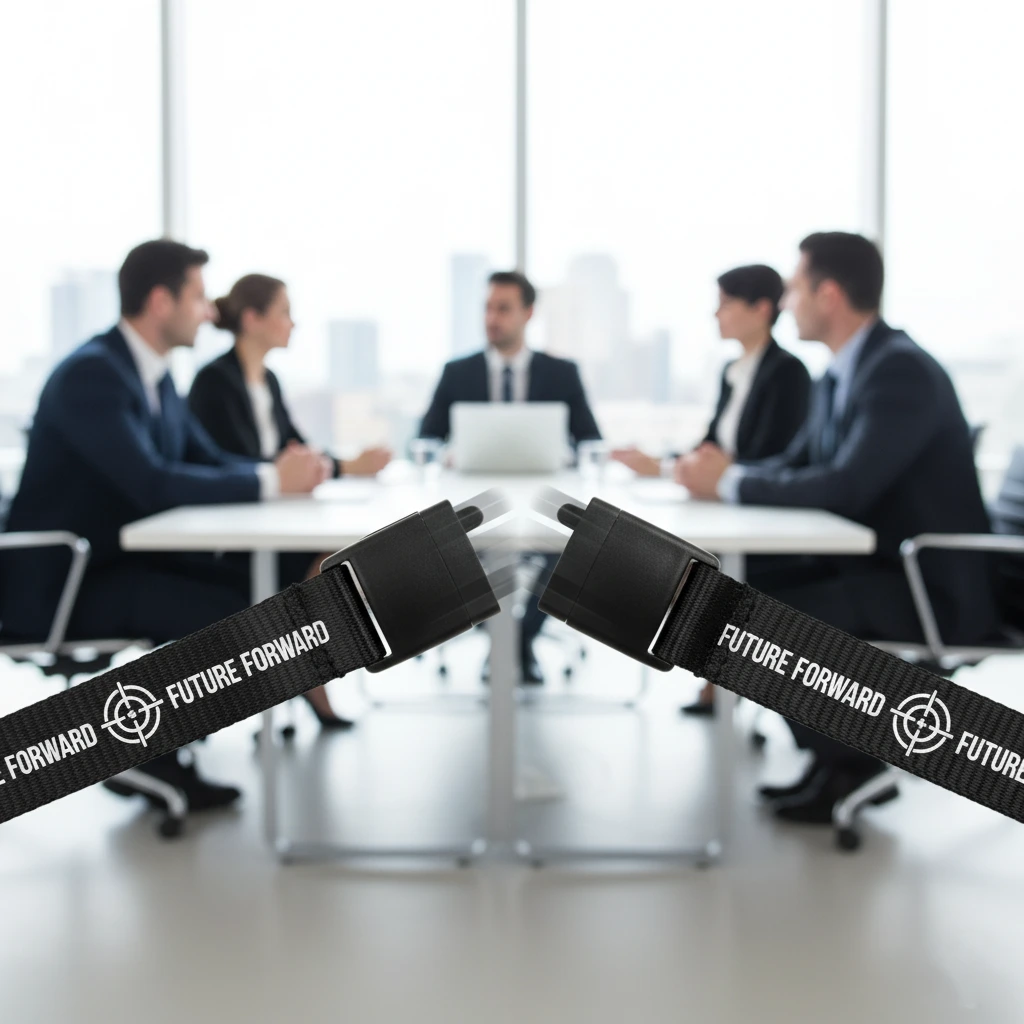 A clear image showing the safety breakaway clasp of a custom-branded lanyard releasing under tension.