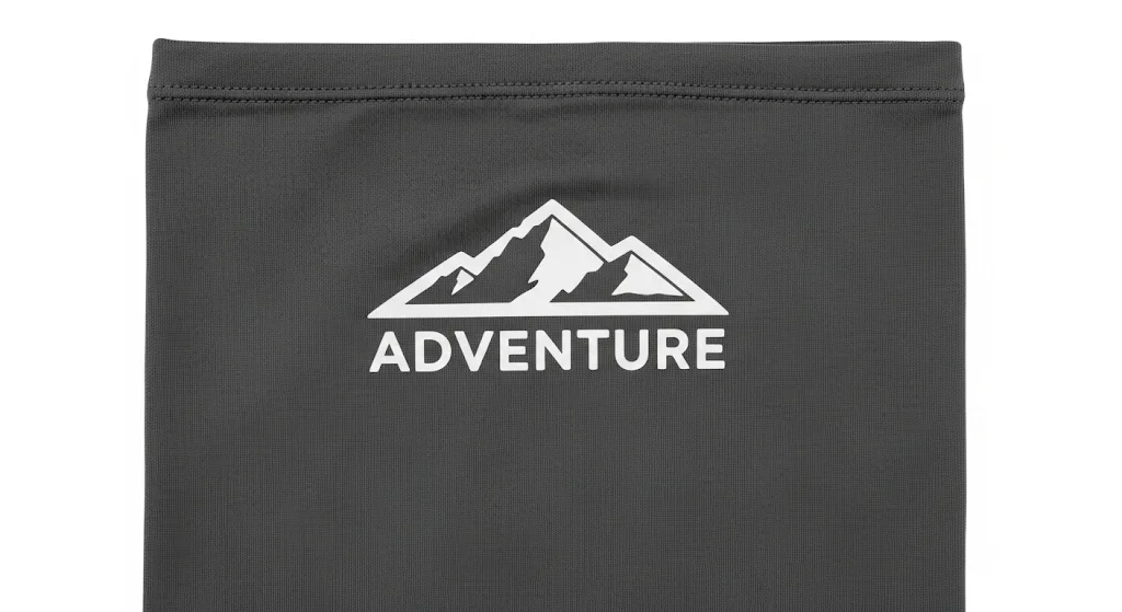A custom neck gaiter with a crisp, one-color logo applied using the screen printing method, ideal for large volume orders.