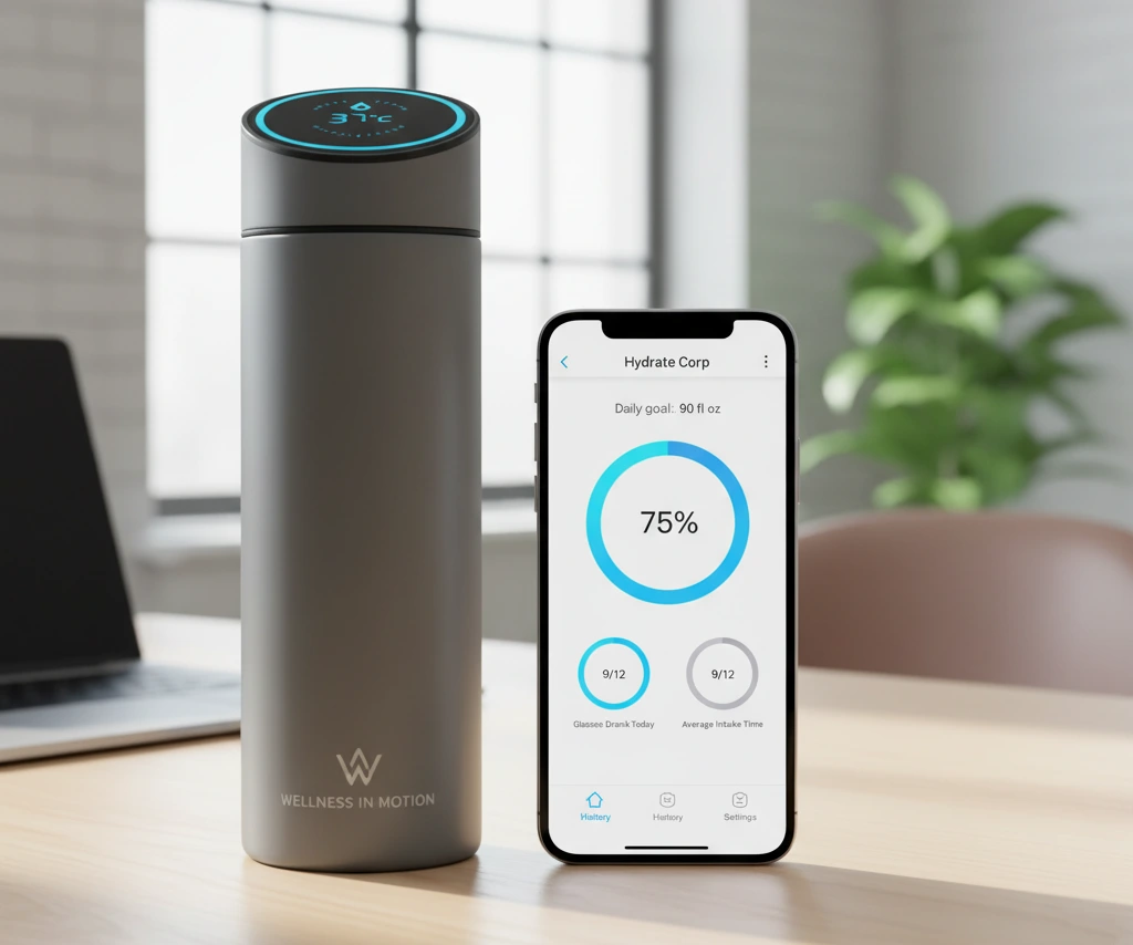 A smartphone displaying a hydration tracking app with charts and daily goals, next to a custom smart bottle.