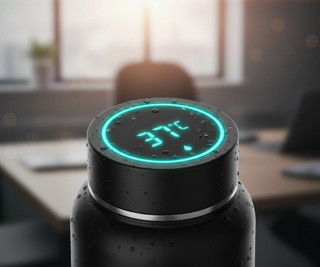A close-up of a smart bottle's lid glowing softly as a hydration reminder, with the temperature visible on the LED screen.