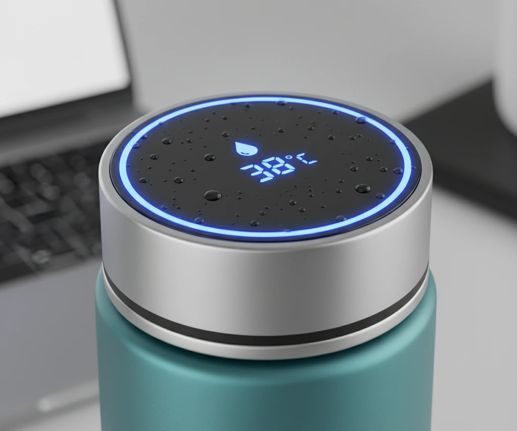 A close-up of the smart bottle's lid, showing a crisp LED display with the current water temperature.