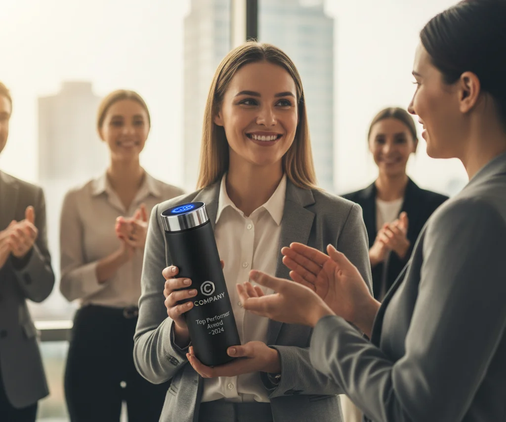 A top-performing employee receiving a premium, custom-engraved smart bottle as a recognition award.