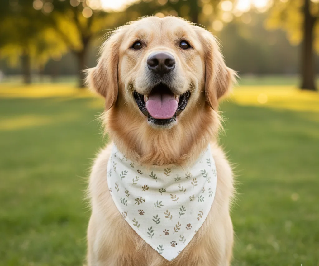 A dog wearing a soft, comfortable bandana made from organic cotton with a gentle printed pattern.