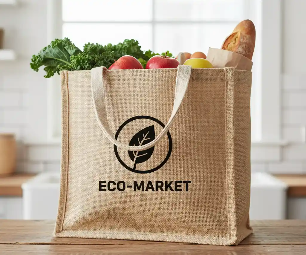 A sturdy, standard jute shopping bag with a wide base and a simple one-color logo, filled with groceries.