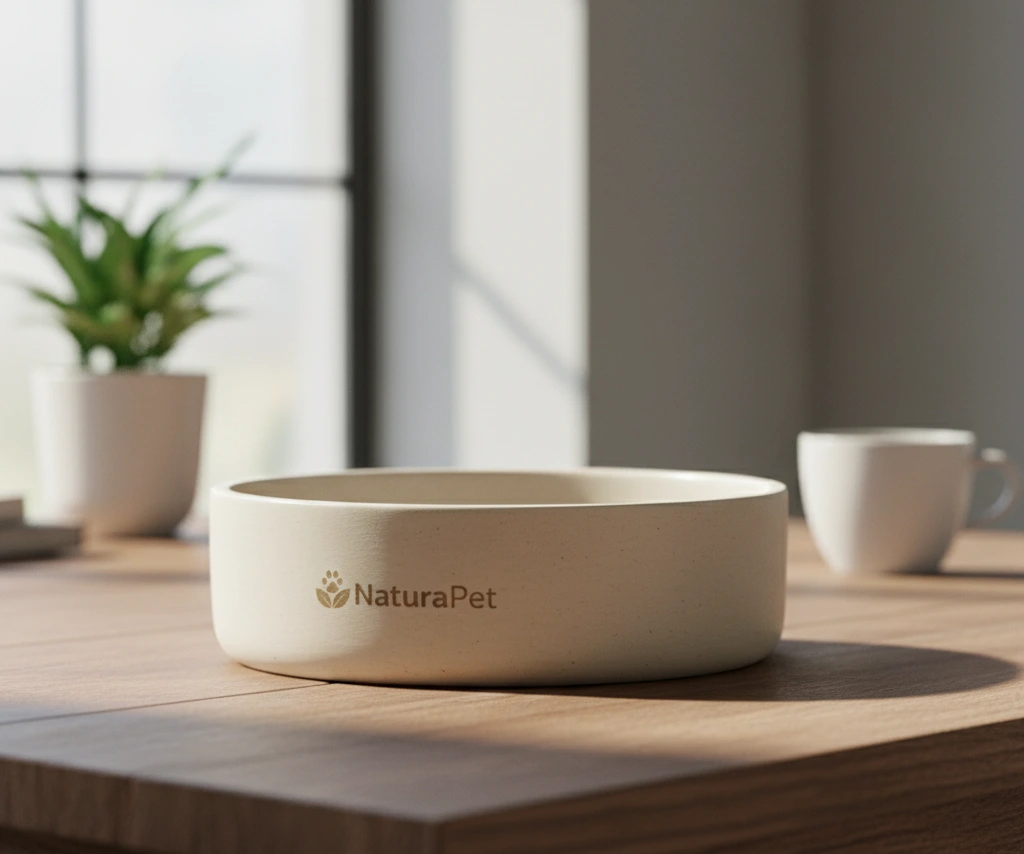 A stylish, minimalist pet food bowl made from light-colored bamboo fiber composite.