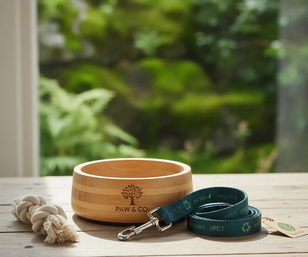 A collection of sustainable pet products like an rPET leash and a bamboo bowl.