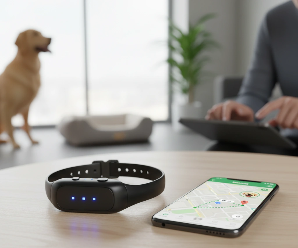 A smart collar with GPS tracking displayed on a phone screen.