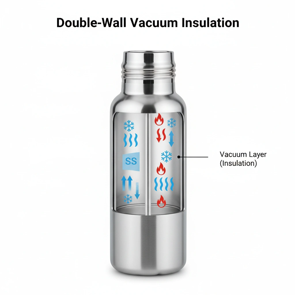 A cutaway diagram showing the two walls of stainless steel with a vacuum layer in between.