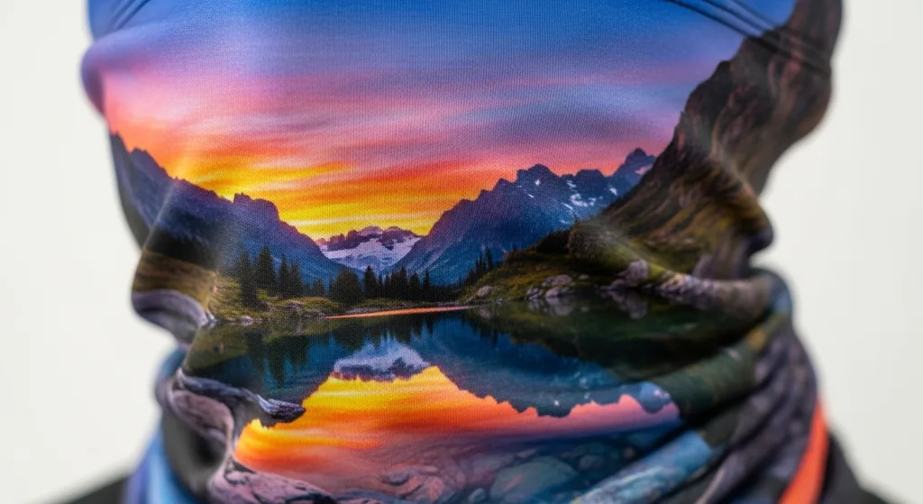 A close-up of a custom neck gaiter with a vibrant, photorealistic, and full-color design achieved with dye sublimation.