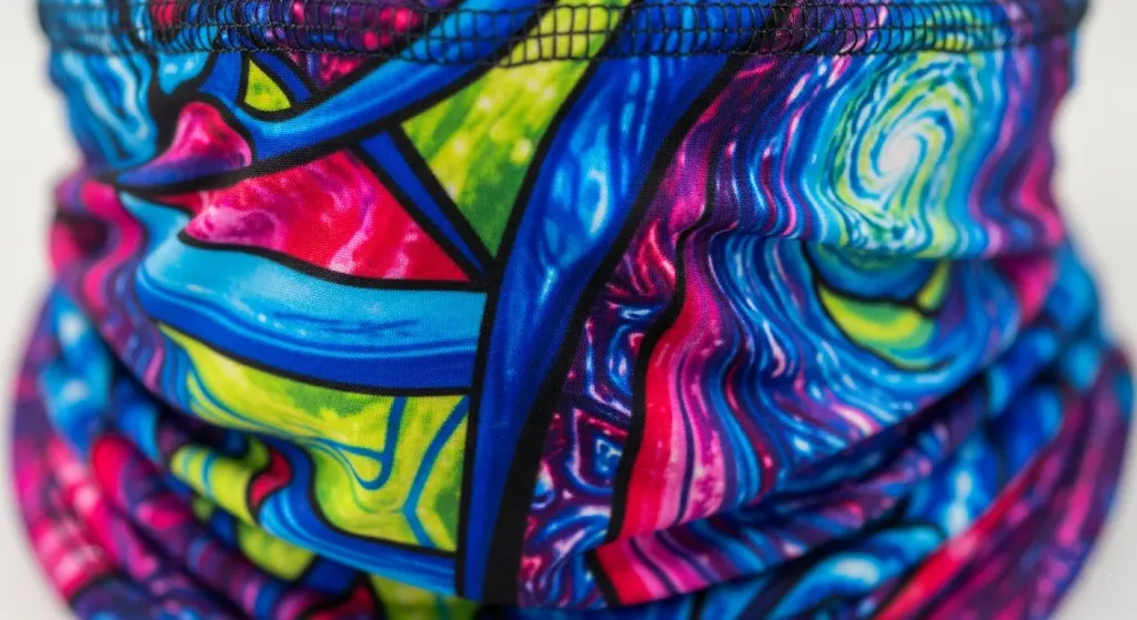 A close-up shot of a brightly colored custom neck gaiter made from a polyester and spandex blend, showcasing vibrant dye-sublimation printing.