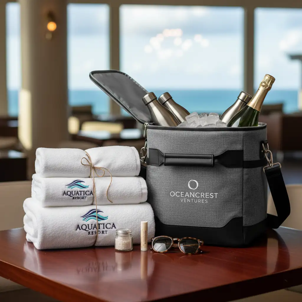 An elegant, high-end gift set for a VIP client, featuring a premium cooler bag and plush embroidered towels.