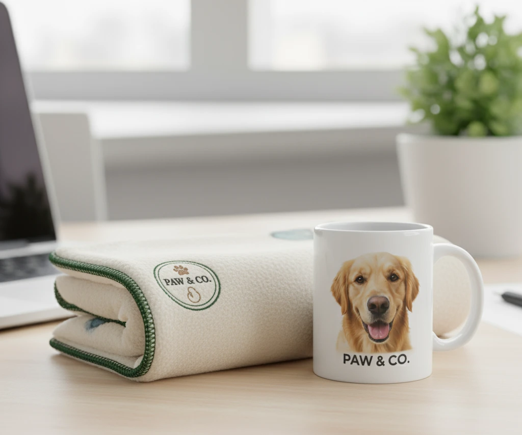 An elegant gift set featuring a custom pet photo mug and a neatly folded, embroidered fleece blanket.