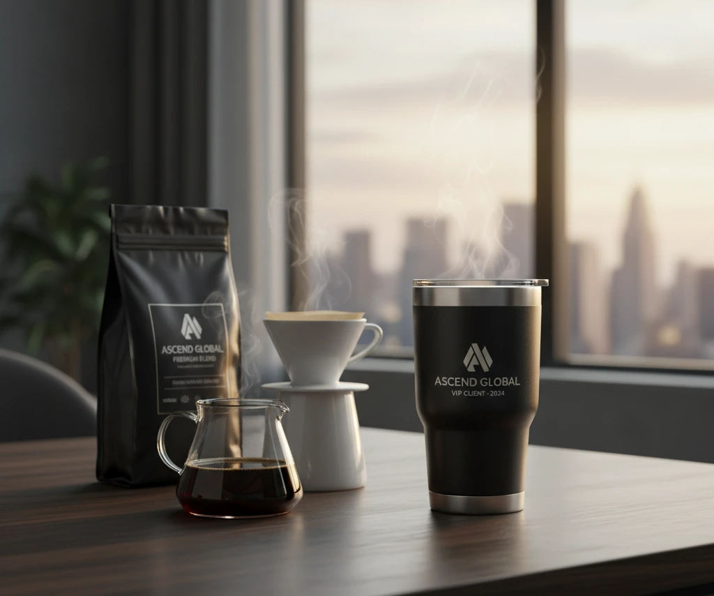An elegant corporate gift set for a VIP client, featuring a custom-engraved tumbler and premium coffee.