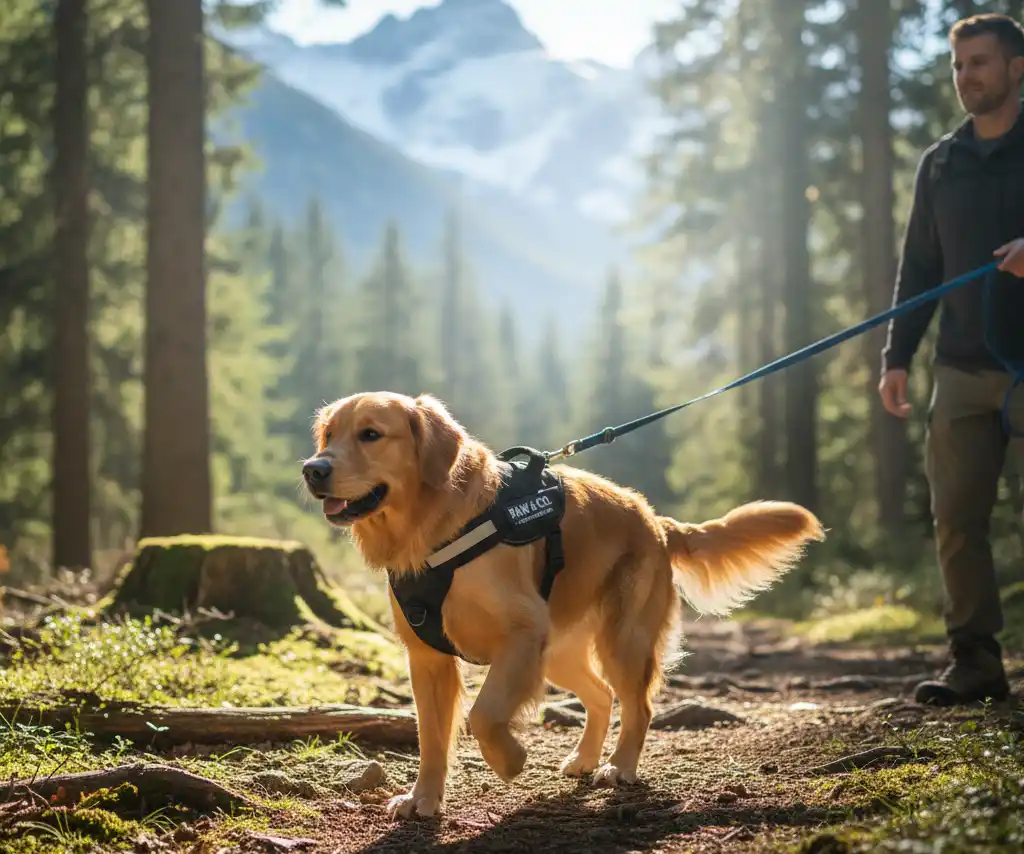 A dog on a hike wearing a professional harness, representing an active lifestyle.