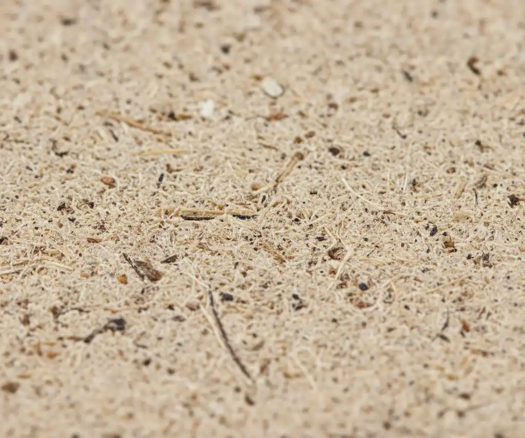Close-up of the light-colored, speckled texture of the wheat straw composite material.