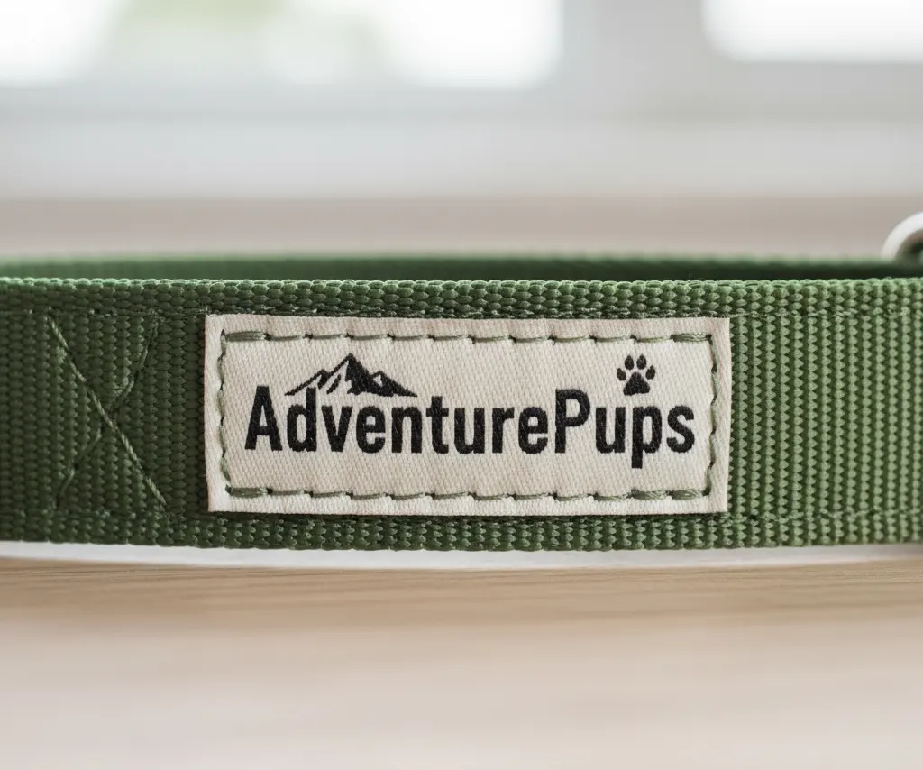 A close-up of a custom woven label with intricate logo detail, expertly stitched onto an rPET dog collar.