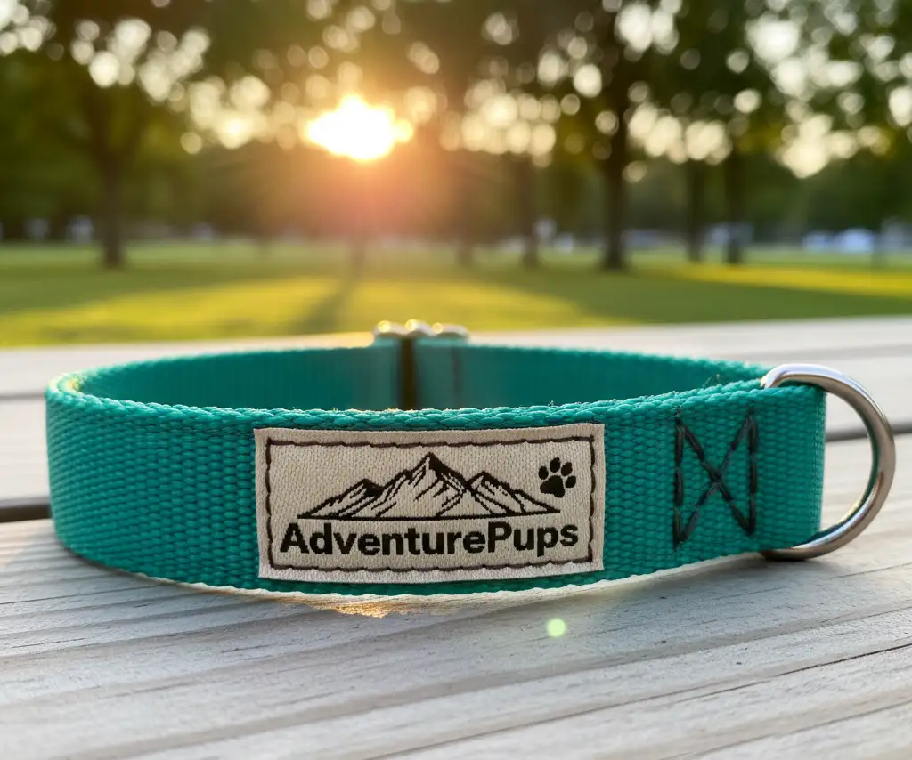 Close up of a woven label stitched onto the collar.