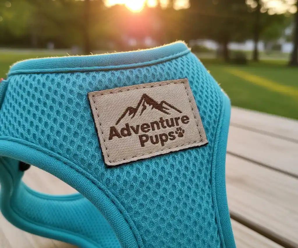 Custom PVC rubber logo patch stitched onto the harness back plate.