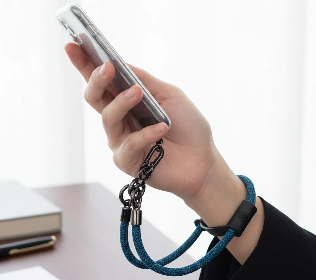 A close-up of a person's hand, securely holding their phone with a custom-branded wristlet lanyard.